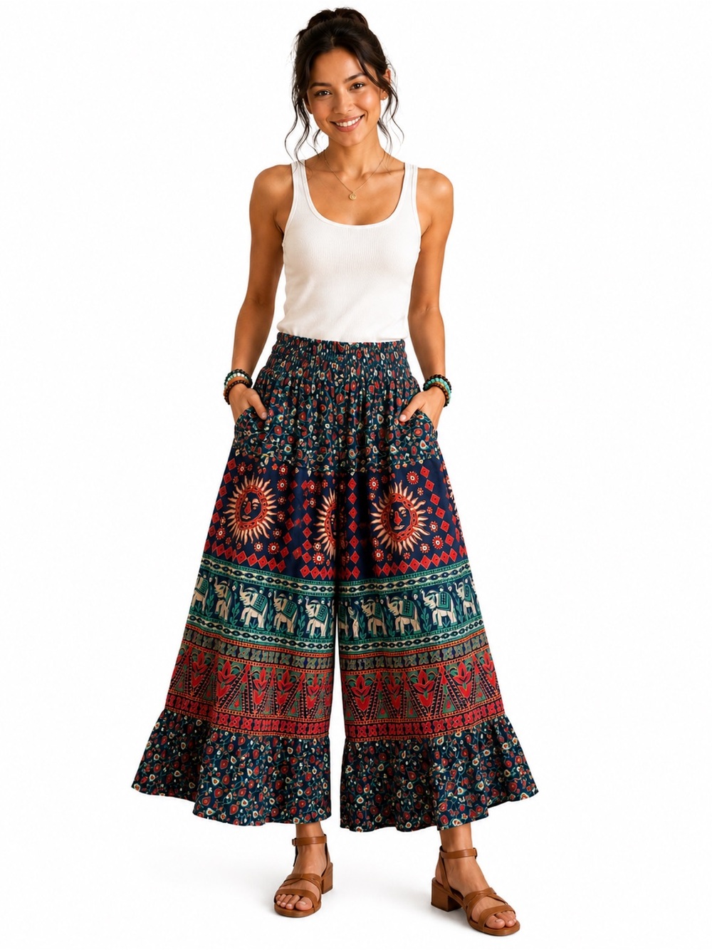 6K,New Boho Wide-Leg Printed Palazzo Pants - Navy Multi cotton